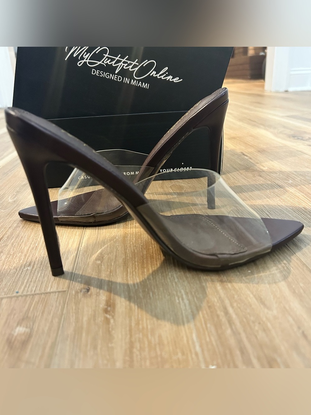 Clear Strap Brown Mule Stiletto Heels